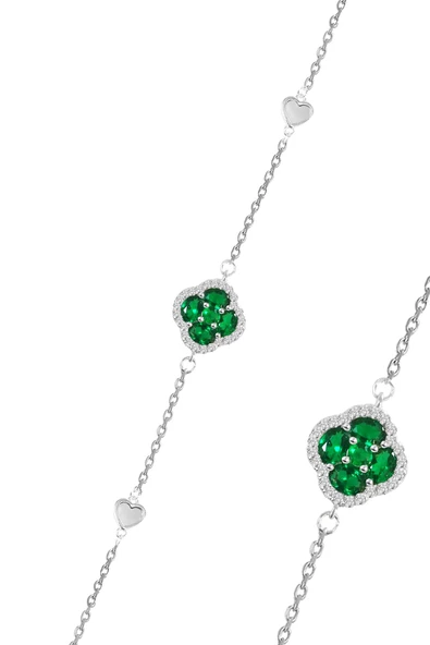 Gümüş rodyumlu sedef,yeşil ve zirkon taşlı şanslı kalpler yonca bileklik SGTL12643YESIL - Resim 2