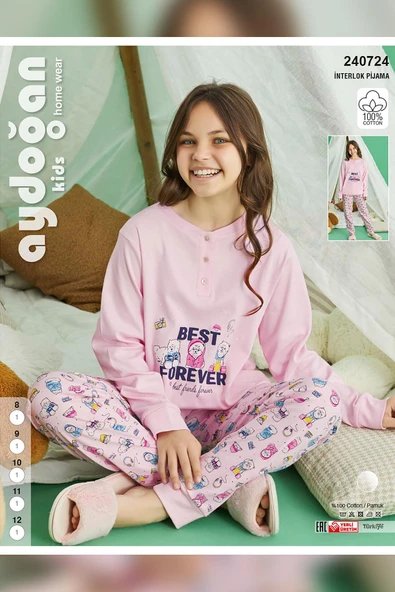 Aydoğan Kız Garson Koza interlok Best Pembe Pijama Takım 0724 - 3