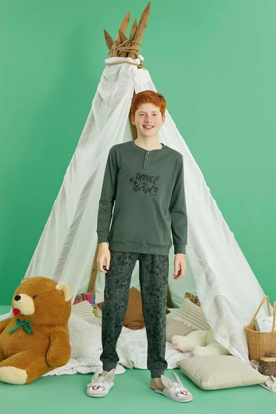 Aydoğan Erkek Garson Bora interlok Travel Haki Pijama Takım 0731 - 3