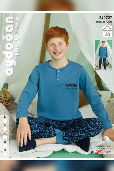 Aydoğan Erkek Garson Bora interlok Elektrik Mavi Pijama Takım 0727 - 3