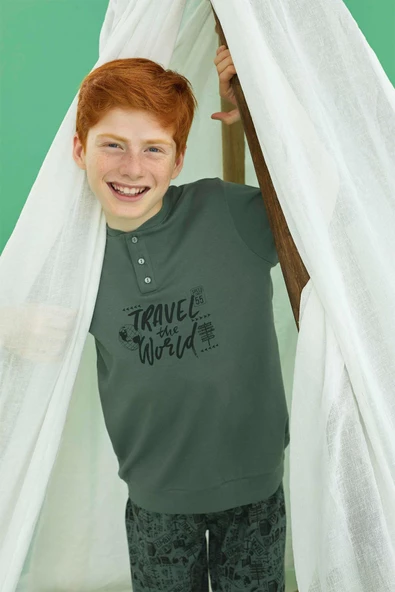 Aydoğan Erkek Garson Bora interlok Travel Haki Pijama Takım 0731 - 2