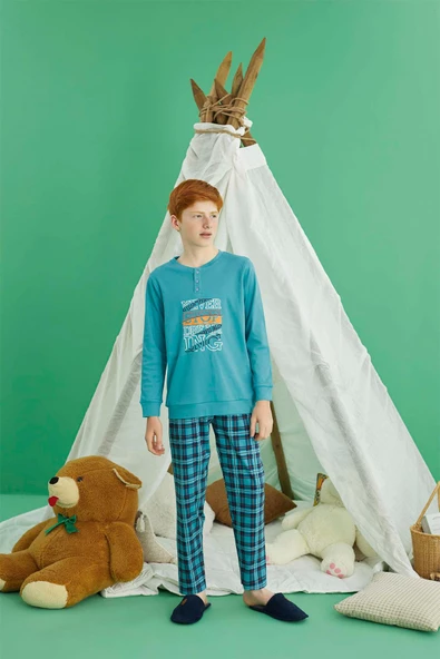 Aydoğan Erkek Garson Bora interlok Turkuaz Pijama Takım 0726 - 2