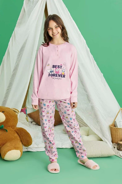 Aydoğan Kız Garson Koza interlok Best Pembe Pijama Takım 0724 - 2