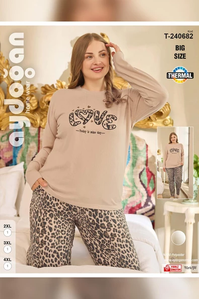 Aydoğan Kadın Suzi Büyük Beden Termal Leopar Bej Pijama Takım 0682 - 3