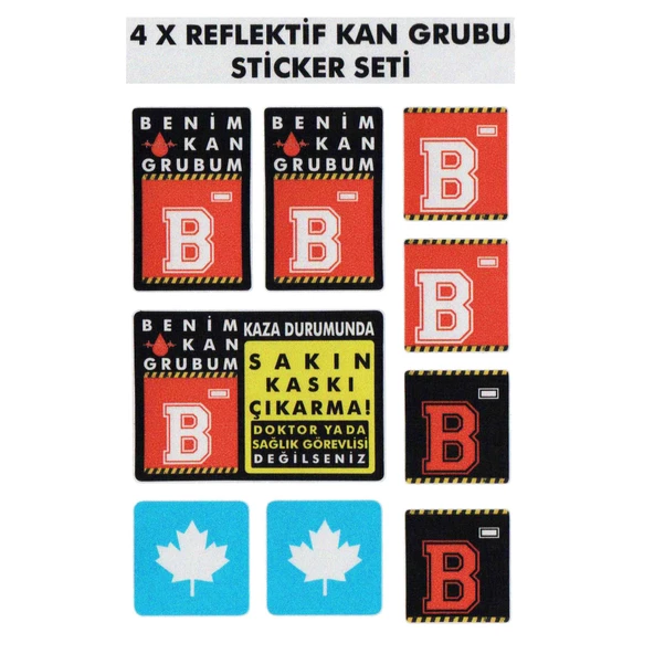 Çınar Extreme® B Rh- (Negatif) Kaskımı Çıkartma Yazılı 7 Parçalı Reflektif Kan Grubu Sticker Seti