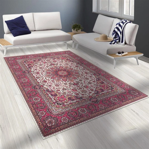 Bambu Halı Salon Halısı Post Pelüş Halı Klasik desenli Pembe Halı - 2