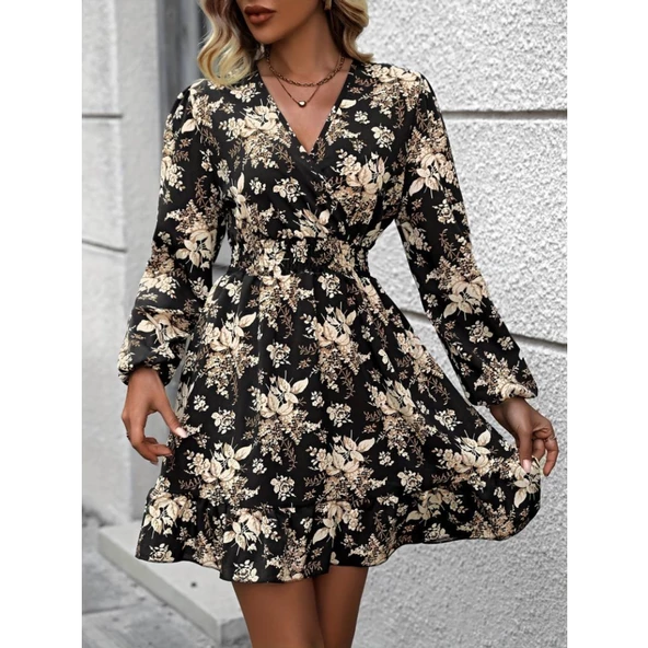 Lucky Life Kadın Uzun Kollu Kruvaze Yaka Lucky Life Kadın Beli Gipeli çiçek Desenli Kısa Dalgıç Elbise