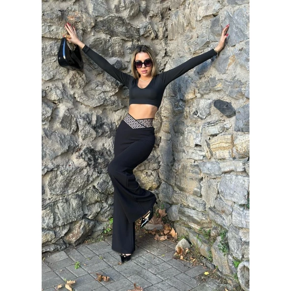 Lucky Life Kadın Belde Kruvaze Ve Ribana Detay Ispanyol Paça Ithal Krep Pantolon - Resim 4