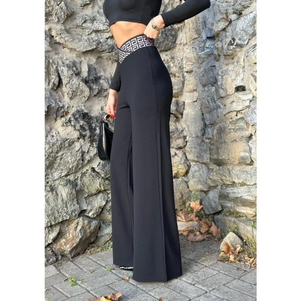 Lucky Life Kadın Belde Kruvaze Ve Ribana Detay Ispanyol Paça Ithal Krep Pantolon - Resim 7