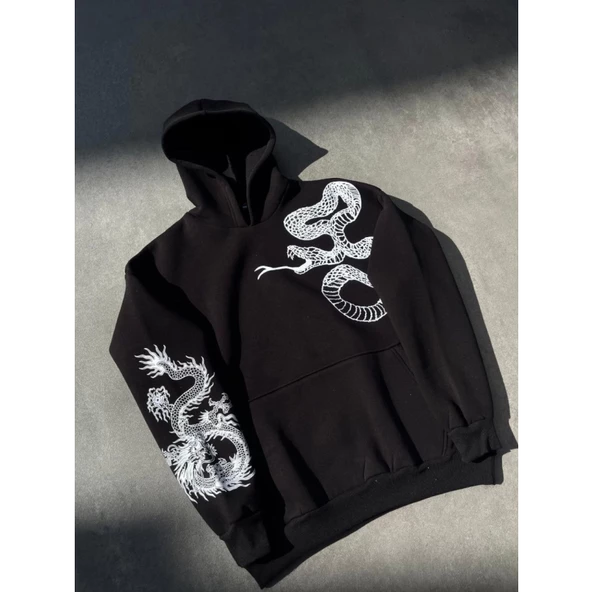 Uzun Kol Kapşonlu Baskılı SweatShirt - Siyah - 3