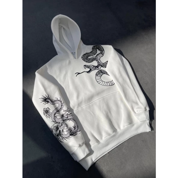 Uzun Kol Kapşonlu Baskılı SweatShirt - Beyaz - 3