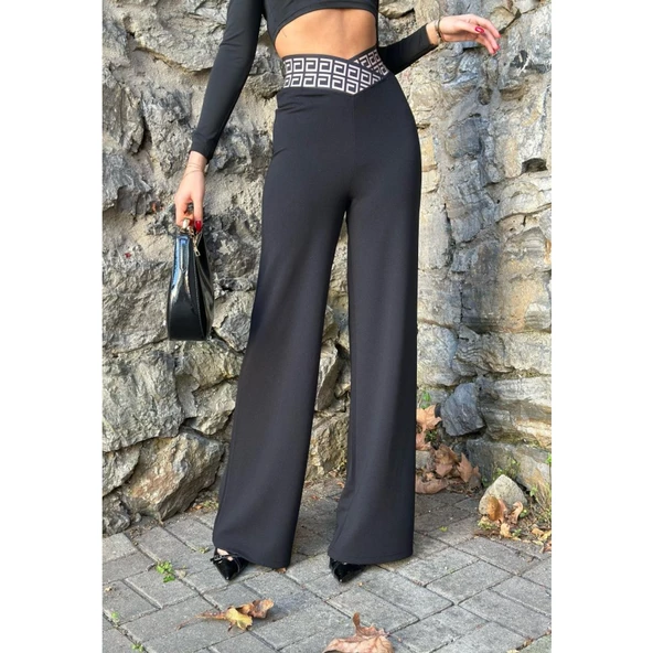 Lucky Life Kadın Belde Kruvaze Ve Ribana Detay Ispanyol Paça Ithal Krep Pantolon - Resim 2