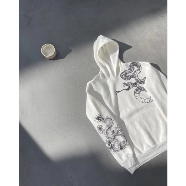 Uzun Kol Kapşonlu Baskılı SweatShirt - Beyaz - 4