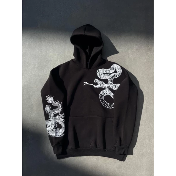 Uzun Kol Kapşonlu Baskılı SweatShirt - Siyah - 2