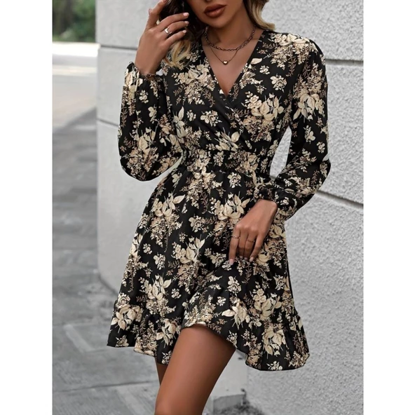 Lucky Life Kadın Uzun Kollu Kruvaze Yaka Lucky Life Kadın Beli Gipeli çiçek Desenli Kısa Dalgıç Elbise - 2
