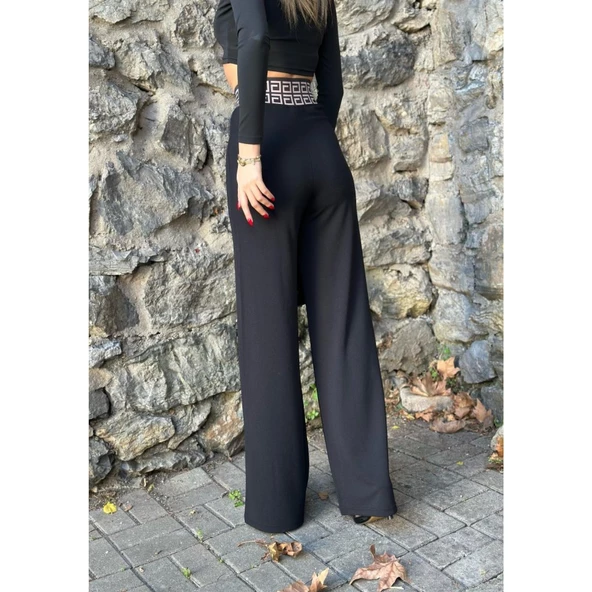 Lucky Life Kadın Belde Kruvaze Ve Ribana Detay Ispanyol Paça Ithal Krep Pantolon - Resim 3