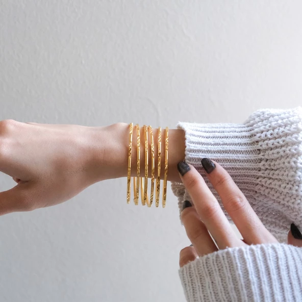 6 Adet 22 Ayar Altın Kaplama Çelik Desenli Ajda Bilezik - BSET-123 - 2