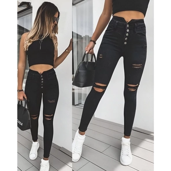 Lucky Life Kadın 5 Düğmeli V Detay Bel Yırtık Kot Pantolon - 2