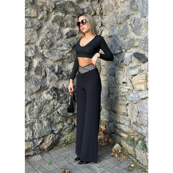 Lucky Life Kadın Belde Kruvaze Ve Ribana Detay Ispanyol Paça Ithal Krep Pantolon - Resim 6