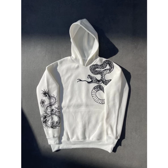 Uzun Kol Kapşonlu Baskılı SweatShirt - Beyaz - 2