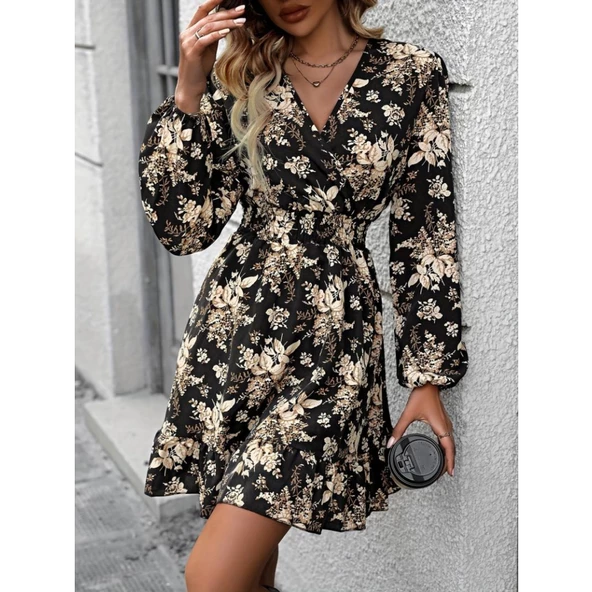 Lucky Life Kadın Uzun Kollu Kruvaze Yaka Lucky Life Kadın Beli Gipeli çiçek Desenli Kısa Dalgıç Elbise - 5