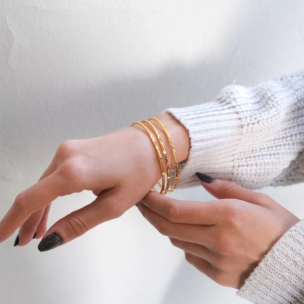 3 Adet 22 Ayar Altın Kaplama Çelik Desenli Ajda Bilezik - BSET-120 - 2