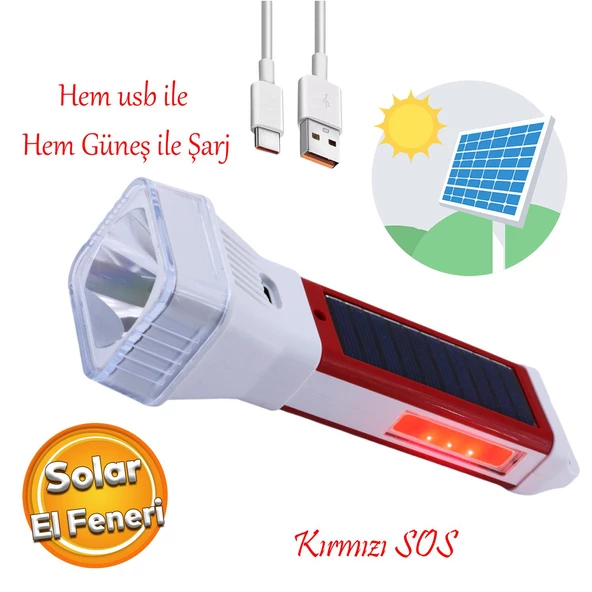 Şarjlı Solar Güneş Enerjili 5 Işık Modu Led El Feneri Usb Şarj Kamp Avcı Lambası Gece Lamba