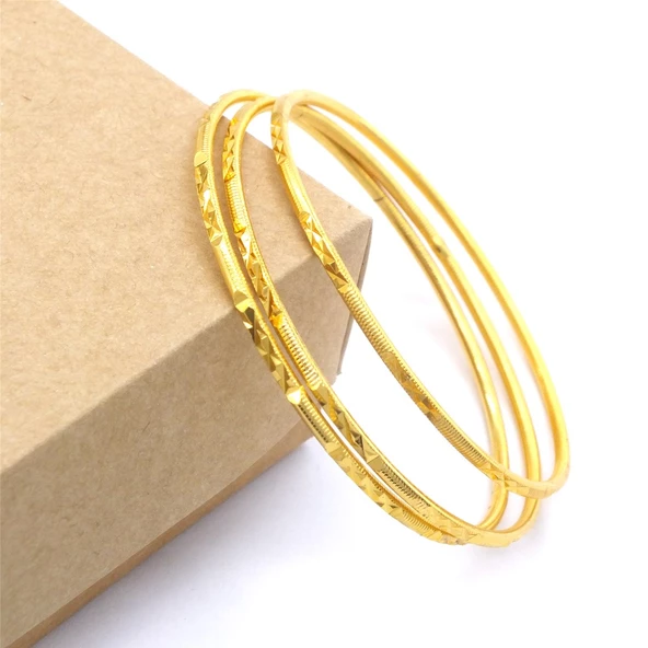 3 Adet 22 Ayar Altın Kaplama Çelik Desenli Ajda Bilezik - BSET-120 - 3