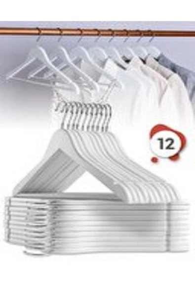 TRENDPAZAR 12 Adet Beyaz Ahşap Görünümlü Askı 1.sınıf Askı Kıyafet Elbise Askısı Etek Pantalon Askısı - 3