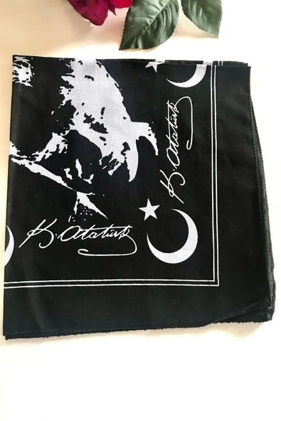 alsaccessories 23 Nisan I?çin Atatürk I?mzalı Ve Portreli Ay Yıldızlı Siyah Renk Unisex %100 Cotton Bandana Fular - 2