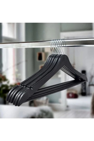 KAPADOKYA TASARIM Ahşap Görünümlü Plastik A Kalite Siyah Elbise Askı 6 Adet