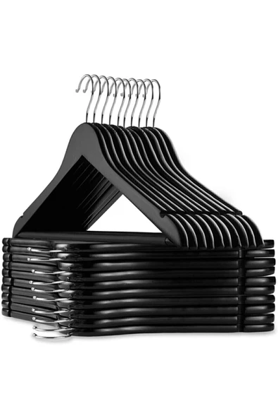İstoç AVM A Plus Kutulu Ahşap Görünümlü Askı 12 Adet Siyah Elbise Askısı Pantalon Gömlek Askısı - 3