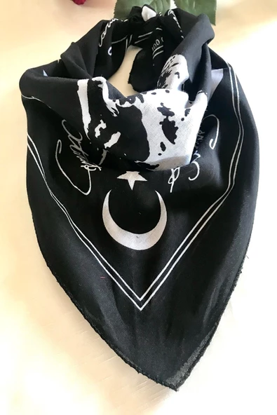alsaccessories 23 Nisan I?çin Atatürk I?mzalı Ve Portreli Ay Yıldızlı Siyah Renk Unisex %100 Cotton Bandana Fular