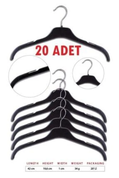 modayseli 20 Adet Plastik Elbise Askısı Çentikli Döner Başlıklı Kıyafet Askı 42 Cm Ec 41 Siyah - 2