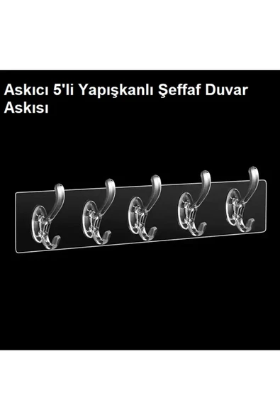 Askıcı 5'li Yapışkanlı Şeffaf Duvar Askısı Banyo Mutfak Düzenleyici Askı Pratik Kanca Askılık - 2