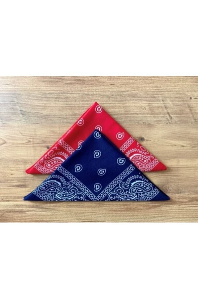 Askıcı Unisex 2 Adet Etnik Desenli Pamuk Bandana - Lacivert Kırmızı