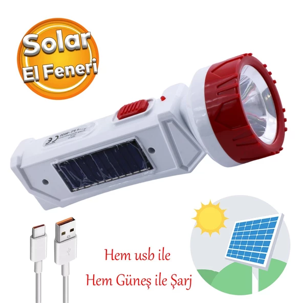 Şarjlı Solar Güneş Enerjili 2 Ledli El Feneri Usb Şarj Kamp Avcı Lambası Gece Lamba