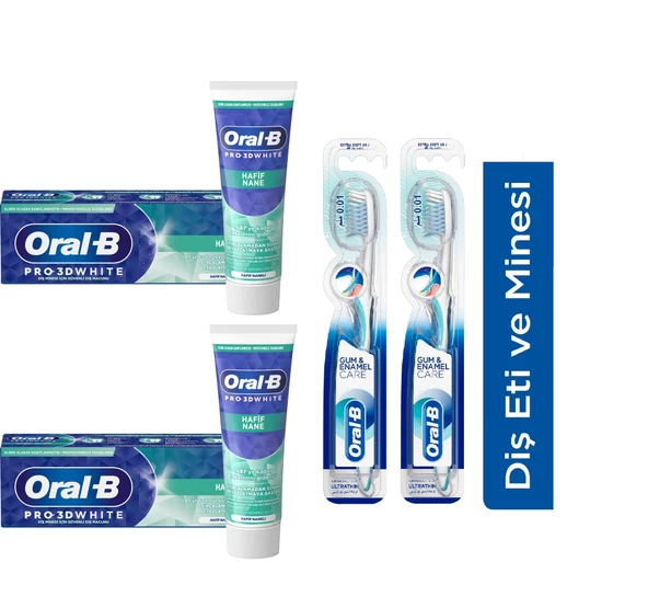 Oral-B Pro 3d White Hafif Nane Diş Macunu 75 Ml + Oral-B Pro Health Hassas Diş Eti Ve Diş Minesi Ultra Ince Diş Fırçası 2 + 2