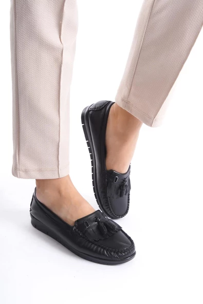 Artı-Artı014-BB-501-PSK  Hakiki Deri Günlük Ortopedik Kadın Siyah Babet Ayakkabı - Resim 4