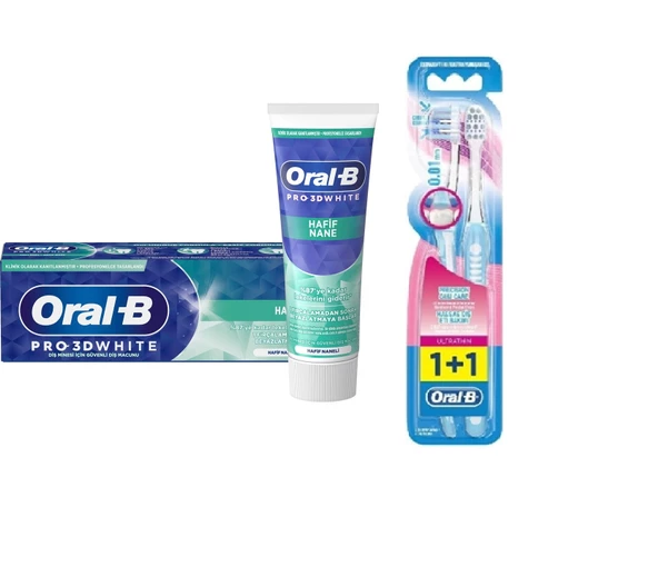 Oral-B Pro 3d White Hafif Nane Diş Macunu 75 Ml 1 Adet + Oral-B Diş Fırça Ultrathin Exstra Yumuşak 2'li Diş Eti Bakımı