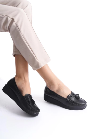 Artı-Artı001-7475-501-PSK  Hakiki Deri Günlük Ortopedik  Kadın Bağsız Siyah Roc Ayakkabı - Resim 3