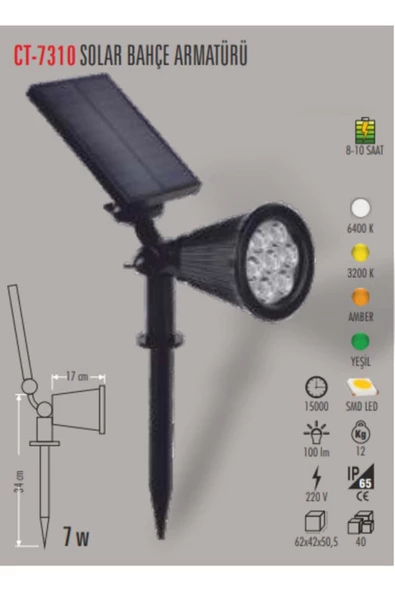 CATA SOLAR BAHÇE ARMATÜRÜ 7W AMBER (CT-7310)