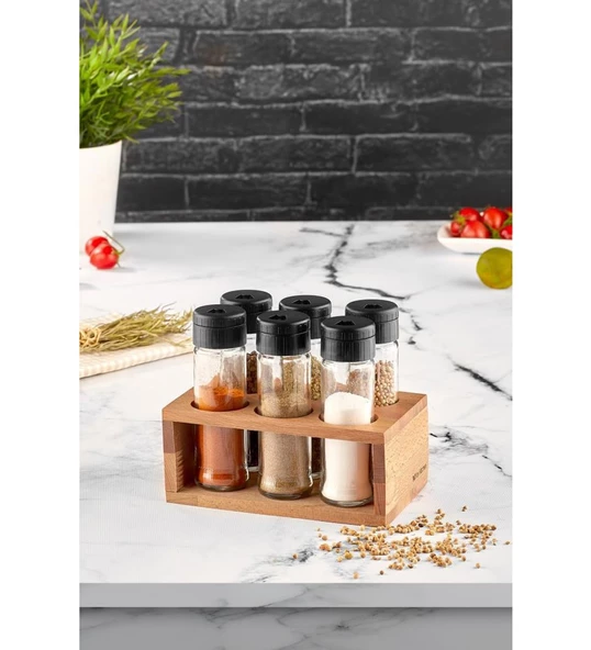 Ahşap Standlı 6'lı Cam Baharatlık Seti - Tuzluk Biberlik Baharatlık - 2