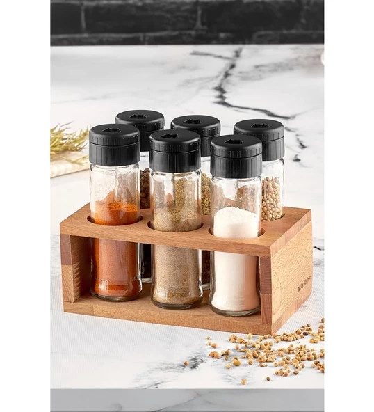 Ahşap Standlı 6'lı Cam Baharatlık Seti - Tuzluk Biberlik Baharatlık - 8