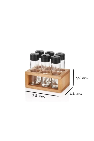 Ahşap Standlı 6'lı Cam Baharatlık Seti - Tuzluk Biberlik Baharatlık - 4