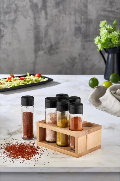 Ahşap Standlı 6'lı Cam Baharatlık Seti - Tuzluk Biberlik Baharatlık