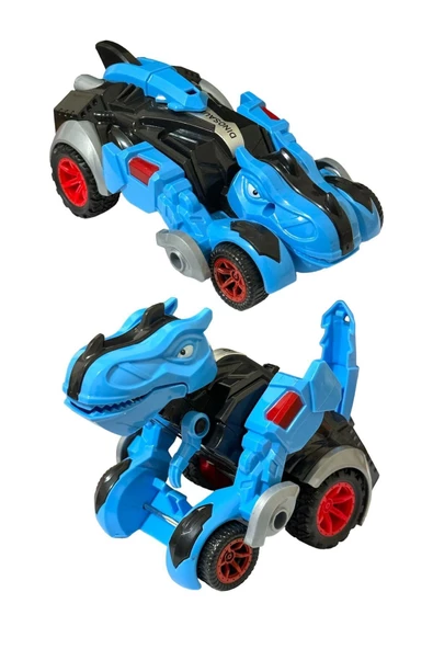 Trex Dinazor Figür Araba Sürtmeli Teker Transformers Robot Dinozor 15cm MAVİ - Resim 2