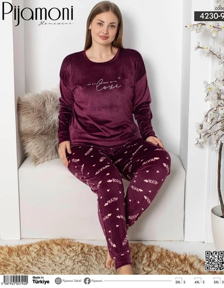 Pijamoni Kadın Kadife Büyük Beden Bisiklet Yaka Uzun Kol Pijama Takımı 4230/9- 1 Adet  Vişne 3XL - 2