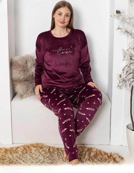 Pijamoni Kadın Kadife Büyük Beden Bisiklet Yaka Uzun Kol Pijama Takımı 4230/9- 1 Adet  4XL Vişne
