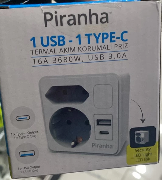 PİRANHA 45530 1 USB 1 TYPE-C 3.0A TERMAL AKIM KORUMALI PRİZ 16A 3680W